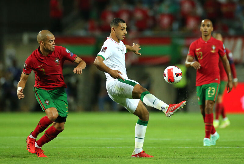 Republic of Ireland's Adam Idah (centre) and Portugal's Kleper Pepe battle for the ball during the 2022 FIFA World Cup Qualifying match at the Estadio Algarve, Portugal. Picture: Isabel Infantes/PA Wire. Republic of Ireland's Adam Idah (centre) and Portugal's Kleper Pepe battle for the ball during the 2022 FIFA World Cup Qualifying match at the Estadio Algarve, Portugal. Picture: Isabel Infantes/PA Wire.