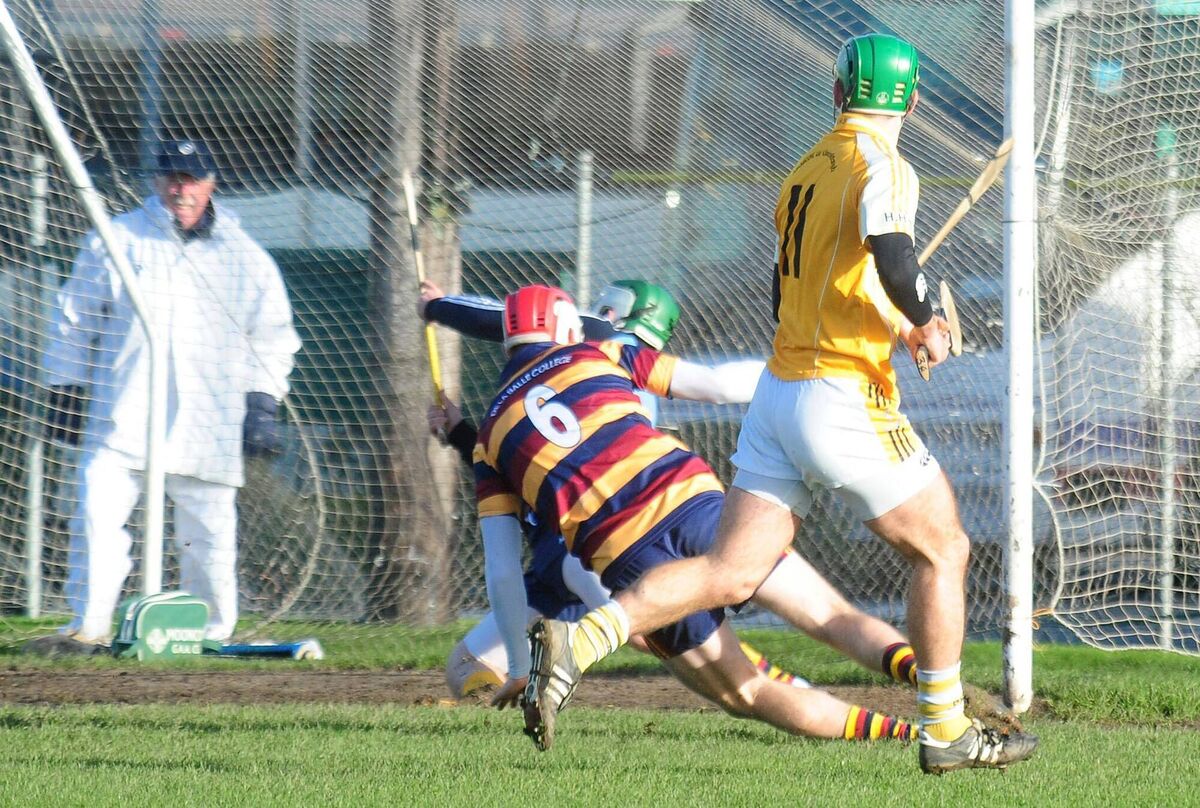 Hamilton High School forward Michael Cahalane drives the ball to the net against De La Salle College, Waterford in the Harty Cup in 2013. Picture: Denis Minihane.
