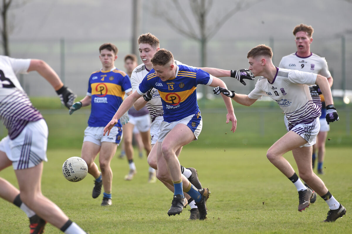  Jordan Kissane, Tralee CBS is first to react to this breaking ball ahead of Shane Carey and Fiachra Collins, Skibbereen Community School. Picture: Dan Linehan
