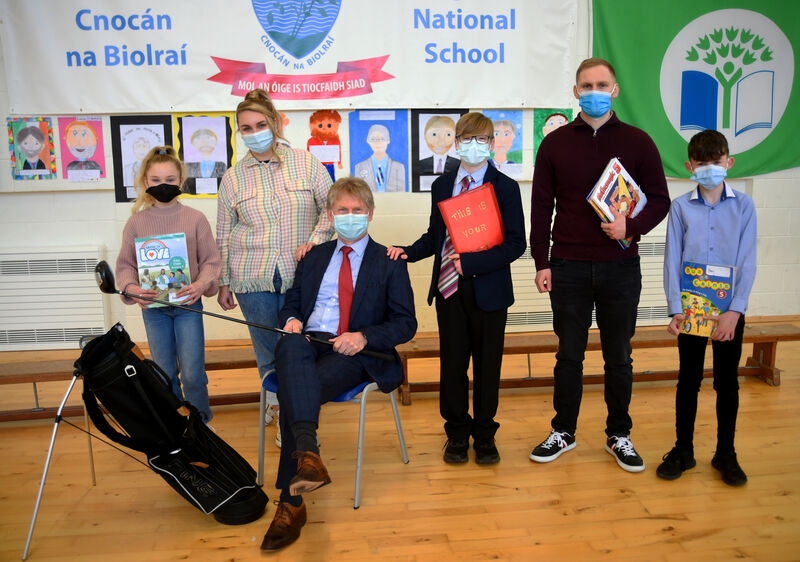 Retiring Principal Mr Pat O'Brien gets ready to put his feet up and also enjoy the occasional game of golf when he retires from Watergrasshill NS, Co Cork. Fifth class pupils did the story of his life/career with a 'This is Your Life' presentation. Mr O'Brien is photographed with his daughter Sarah O'Brien, an SNA, and son Conor O'Brien a teacher at the school. As part of the performance pupils played the roles of staff at the school with Aidan Russell playing the 'Mini Master' and (left) Ruby-Lou Keane (as Sarah O'Brien) and (right) David Broderick (as Conor O'Brien). The school prepares to say a final farewell to Master O'Brien this Friday, after 23 years at the school. Pic: Larry Cummins Retiring Principal Mr Pat O'Brien gets ready to put his feet up and also enjoy the occasional game of golf when he retires from Watergrasshill NS, Co Cork. Fifth class pupils did the story of his life/career with a 'This is Your Life' presentation. Mr O'Brien is photographed with his daughter Sarah O'Brien, an SNA, and son Conor O'Brien a teacher at the school. As part of the performance pupils played the roles of staff at the school with Aidan Russell playing the 'Mini Master' and (left) Ruby-Lou Keane (as Sarah O'Brien) and (right) David Broderick (as Conor O'Brien). The school prepares to say a final farewell to Master O'Brien this Friday, after 23 years at the school. Pic: Larry Cummins