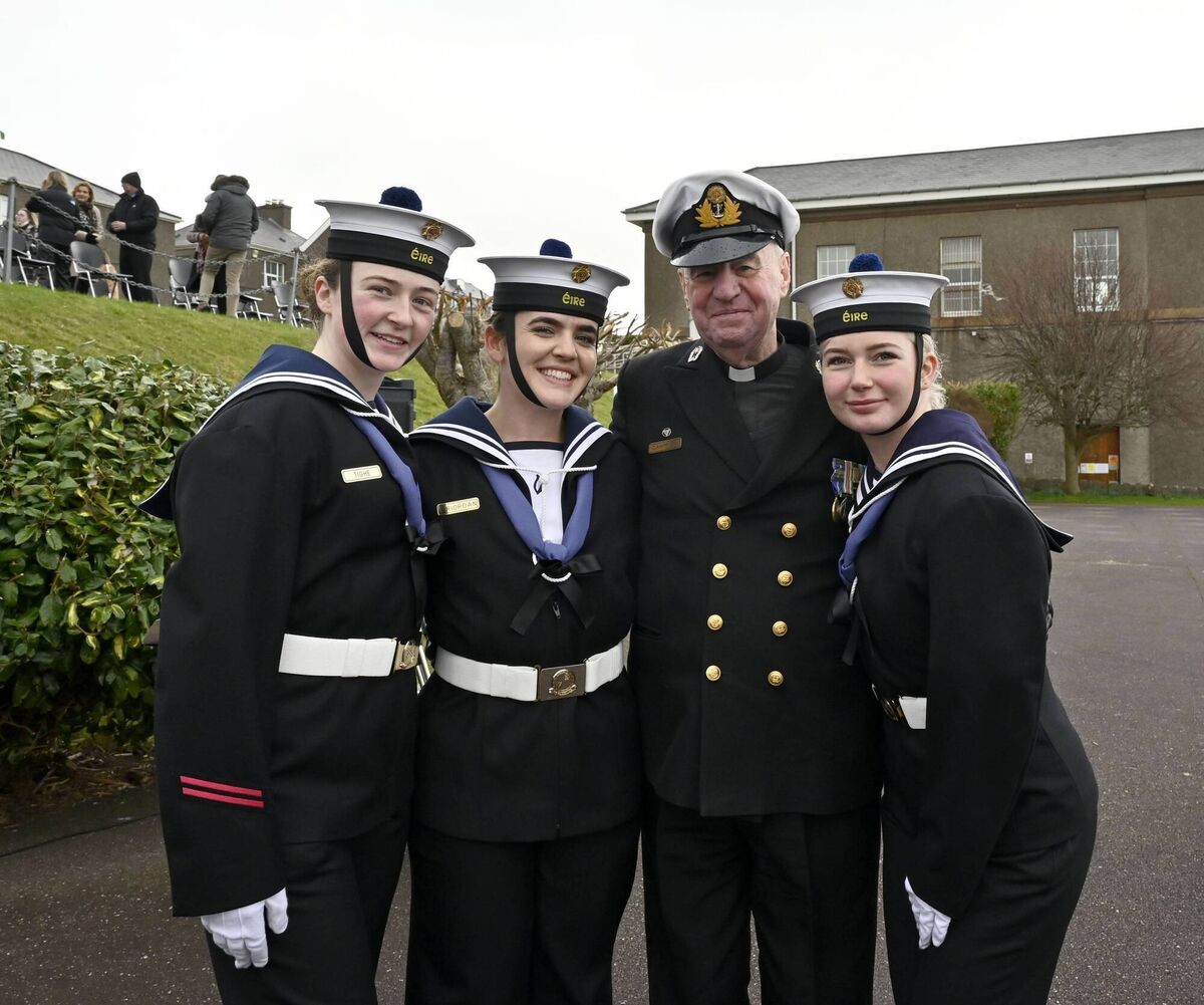 Pictured is Fr. Des Campion, Naval Service Chaplain, with naval recruits Éadaoin O'Riordan, Seana O'Connor and Simone Tighe. Picture: David Jones, Naval Service Photographer. 