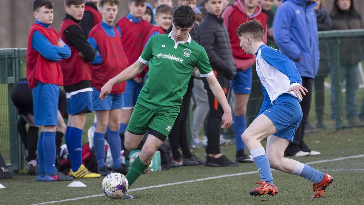 Ethon Varian, Greenwood, about to shoot past Hayden Colum, Nenagh during their FAI U17 Cup match at Coláiste Stiofáin Naofa. Picture: Dan Linehan Ethon Varian, Greenwood, about to shoot past Hayden Colum, Nenagh during their FAI U17 Cup match at Coláiste Stiofáin Naofa. Picture: Dan Linehan