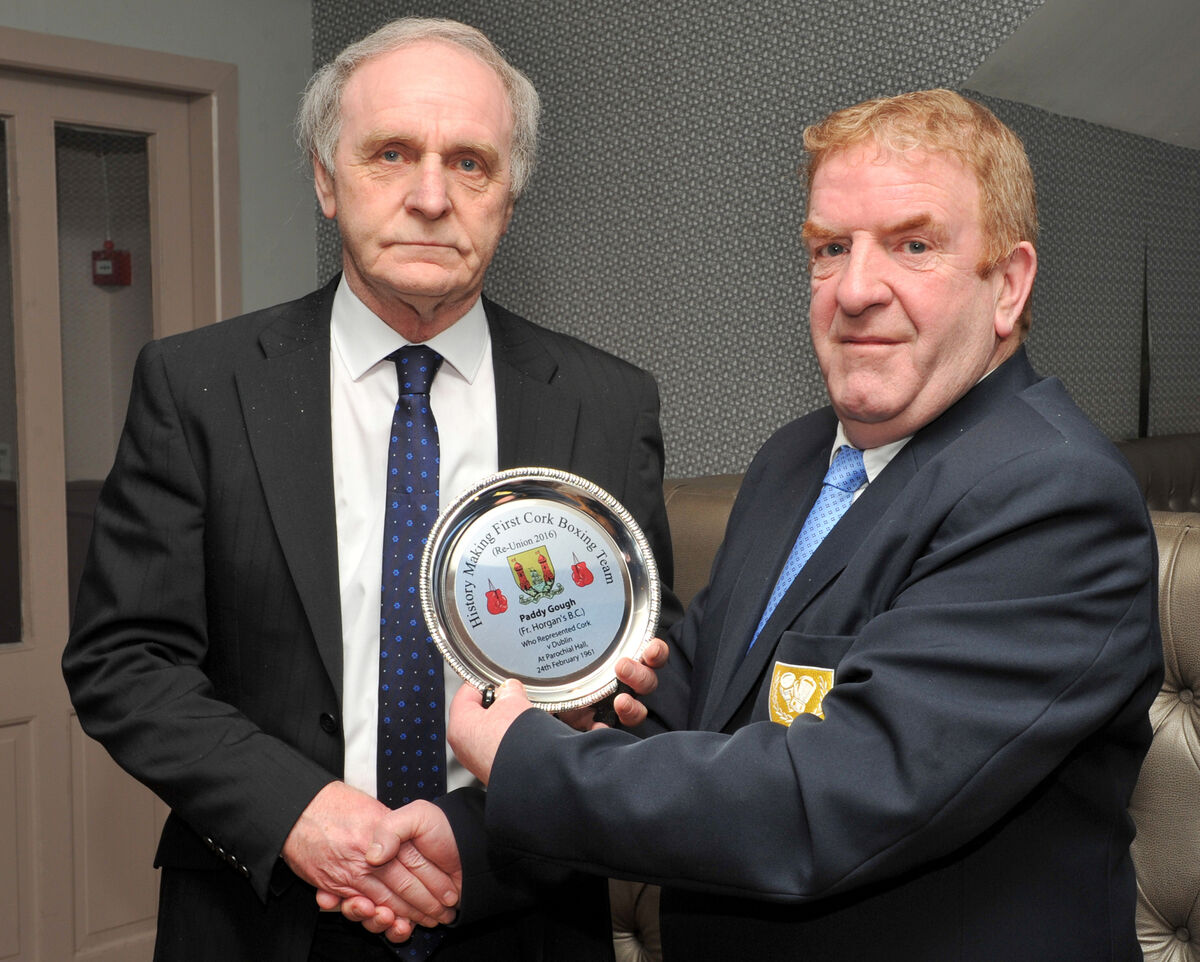 Paddy Gough of Fr Horgans BC receiving his commemorative plaque from J.J. Murphy of the Cork Ex-Boxers Association. Picture: Doug Minihane