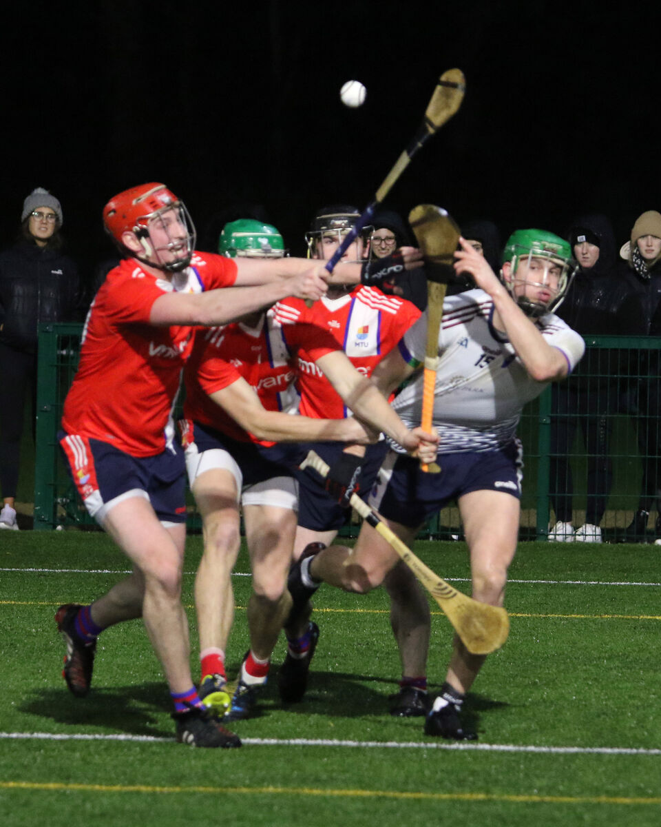 Jake Cranny, MTU Cork, under pressure controlling the sliotar against UL in the Fitzgibbon Cup Quarter Final in UL