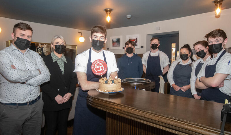 Chef Dan Guerin, third left, pictured with staff of the Cush Restaurant in Ballycotton who were awarded a Bib Gourmand Award for the first time recently. Picture: Howard Crowdy