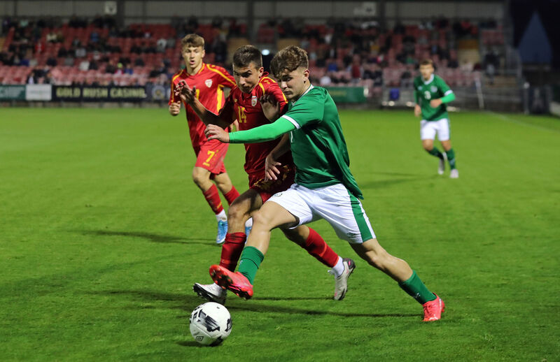 Kevin Zefi, Republic of Ireland, takes on Andrej Arizankoski, North Macedonia, at Turner's Cross. Picture: Jim Coughlan. Kevin Zefi, Republic of Ireland, takes on Andrej Arizankoski, North Macedonia, at Turner's Cross. Picture: Jim Coughlan.