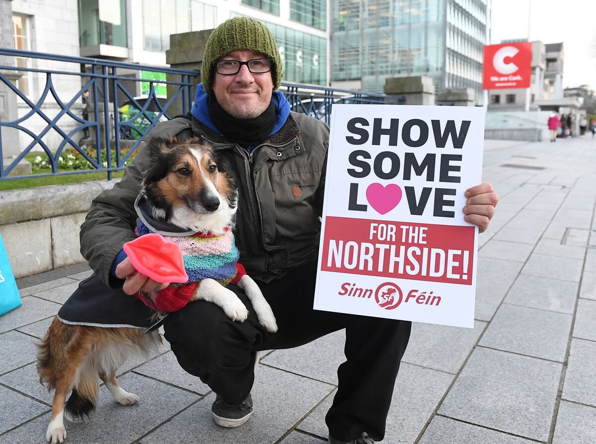Sinn Féin protester Glenn Kearney and his dog Sandy outside the City Hall about the lack of funding for facilities in Cork's Northside. Picture: Eddie O'Hare