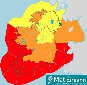 A map indicating the areas set to be worst affected by Storm Eunice. Picture: Met Éireann