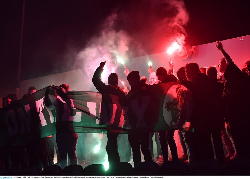 Cork City supporters light flares before the SSE Airtricity League First Division match in Bray. Picture: David Fitzgerald/Sportsfile