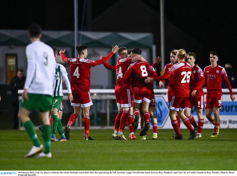 Cork City players celebrate after Dylan McGlade scored their opener. Picture: David Fitzgerald/Sportsfile