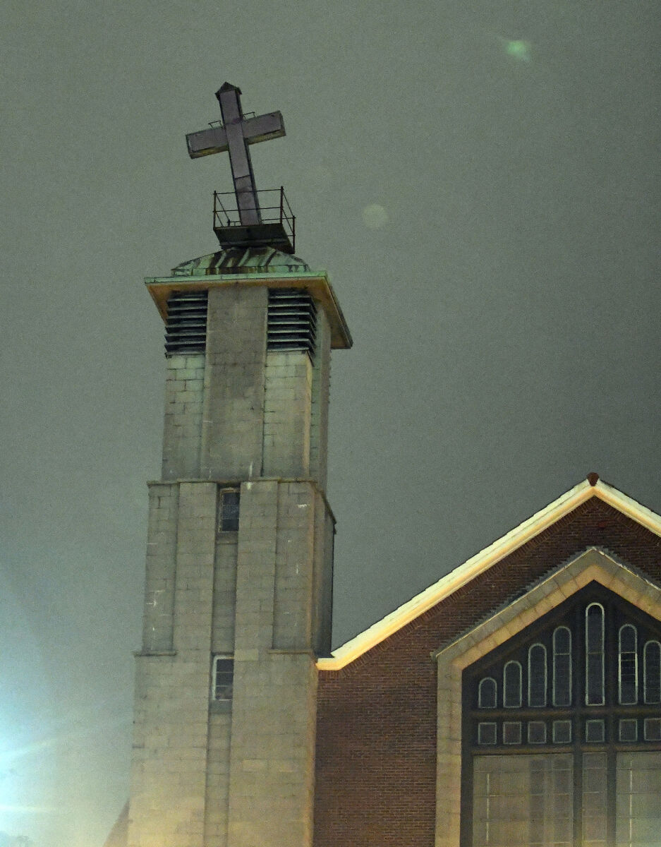 20th February 2022. The Cross on the Church of the Ascension, Gurranbraher which has been damaged in recent storms. Picture: Eddie O'Hare 20th February 2022. The Cross on the Church of the Ascension, Gurranbraher which has been damaged in recent storms. Picture: Eddie O'Hare