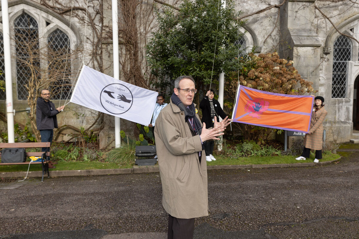 The opening ceremony, celebrating the start of Refugee Week took place on Monday February 21when two flags were raised on the Main Quadrangle by the UCC interim-Registrar, Professor Stephen Byrne. Professor Byrne who said “UCC is proud to be a university of sanctuary, and to support refugees and migrants at risk. The events taking place during Refugee Week are an excellent example of collaboration between students, staff and refugee communities”. The Refugee Week flag was be joined by a flag designed by migrant youth to explore their identity and heritage through the Glucksman’s Creative Agency In Colour project. Photographed was UCC interim-Registrar, Professor Stephen Byrne. Professor Byrne. Photo By Tomas Tyner, UCC. The opening ceremony, celebrating the start of Refugee Week took place on Monday February 21when two flags were raised on the Main Quadrangle by the UCC interim-Registrar, Professor Stephen Byrne. Professor Byrne who said “UCC is proud to be a university of sanctuary, and to support refugees and migrants at risk. The events taking place during Refugee Week are an excellent example of collaboration between students, staff and refugee communities”. The Refugee Week flag was be joined by a flag designed by migrant youth to explore their identity and heritage through the Glucksman’s Creative Agency In Colour project. Photographed was UCC interim-Registrar, Professor Stephen Byrne. Professor Byrne. Photo By Tomas Tyner, UCC.