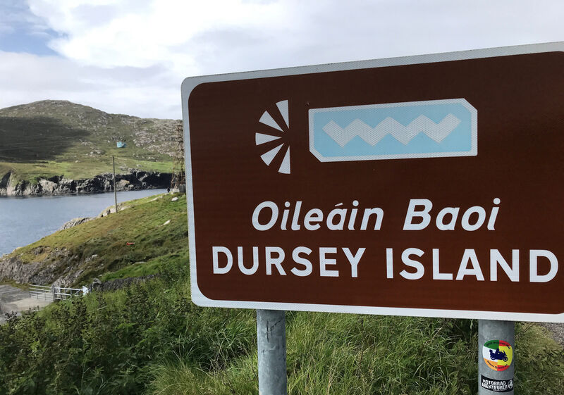 Dursey Island is separated from the mainland by a narrow sound with a very strong tidal race. Dursey Island is separated from the mainland by a narrow sound with a very strong tidal race.