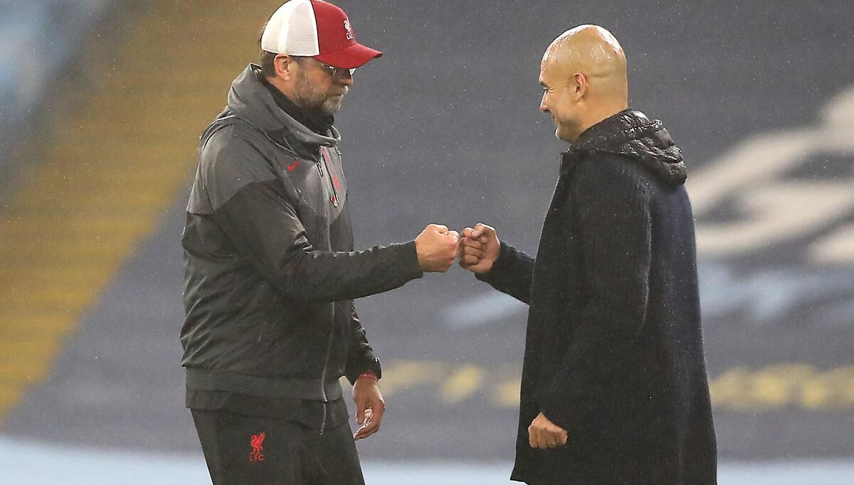 Liverpool manager Jurgen Klopp (left) and Manchester City manager Pep Guardiola after the final whistle during the Premier League match at the Etihad Stadium, Manchester, last season. Guardiola has not lost a league game to Liverpool at home in his time as manager.