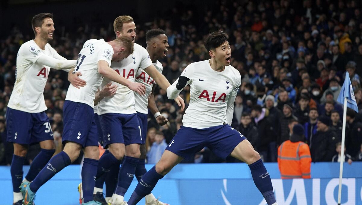 Tottenham's Harry Kane celebrates with teammates after scoring his side's second goal against Manchester City at the Etihad Stadium in Manchester. City's home ground form has been the only weak point in the side's league season. Picture: AP Photo/Jon Super