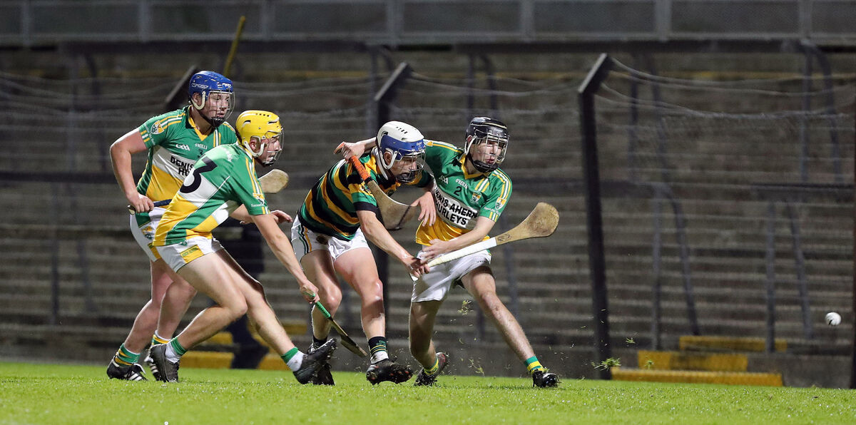  Stephen Lynam, here shooting from Liam Collins, Ronan O'Connell and Cormac O'Sullivan, Bride Rovers, fired the Glen to glory in 2021. He'll be a key forward for this year's Cork minor hurlers. Picture: Jim Coughlan.