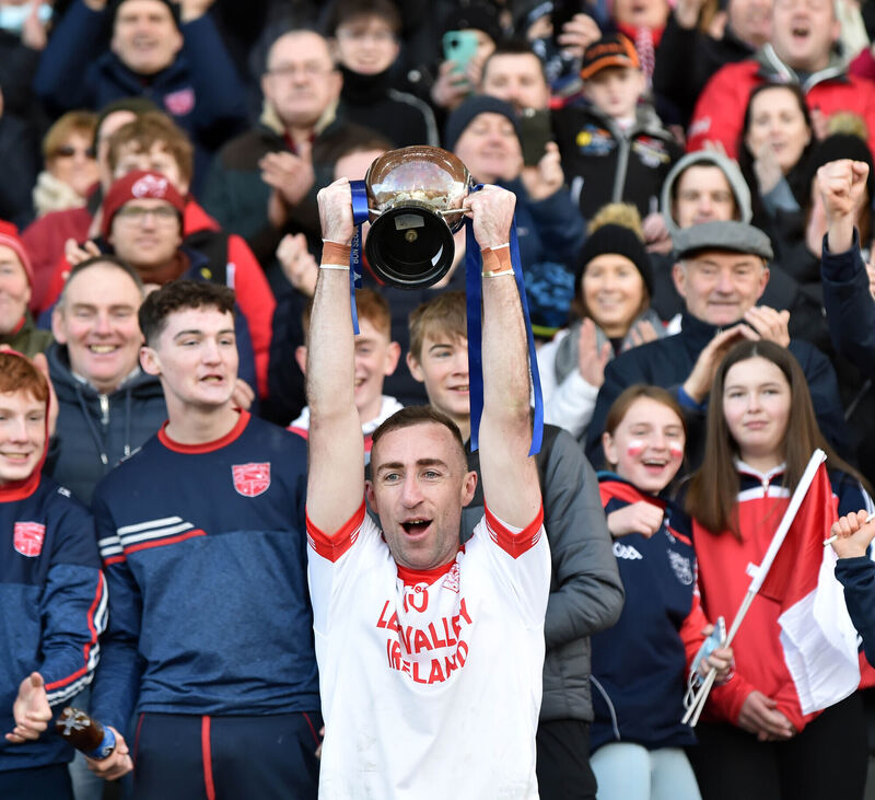 Iveleary captain Brian Cronin raises the trophy after defeating Mitchelstown in the Bon Secours IAFC final at Páirc Uí Chaoimh. Picture: Eddie O'Hare Iveleary captain Brian Cronin raises the trophy after defeating Mitchelstown in the Bon Secours IAFC final at Páirc Uí Chaoimh. Picture: Eddie O'Hare
