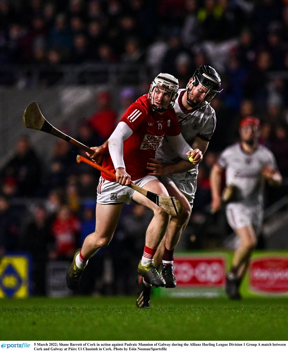Shane Barrett of Cork in action against Padraic Mannion of Galway. Picture: Eóin Noonan/Sportsfile