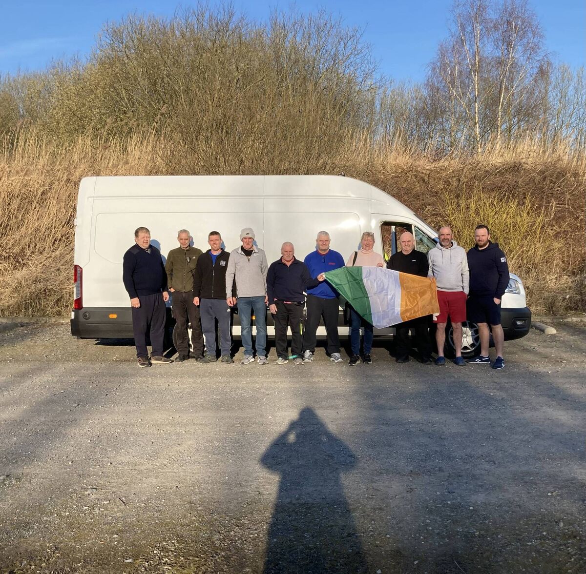 Cork Humanitarian Aid Ireland early on Thursday morning at Charleroi, Belgium. (Left to right) Tomas Kalinauskas, Felipe Pombinho, David Varian, David Feeney, David Shine, Chris O’Donovan, Caitriona Twomey, Dan Kerins, Kieran Coniry and Tony Gardiner. Picture (in shadow) Donal O’Keeffe.