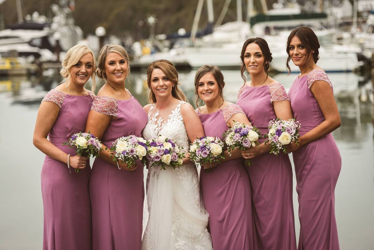 The bride with her bridal party. Maid of honour was the bride’s sister Emer Wilmot, bridesmaids were Finola Killingbeck, Emma Fitzpatrick, Seàna O’Connell and Rachel Falvey.