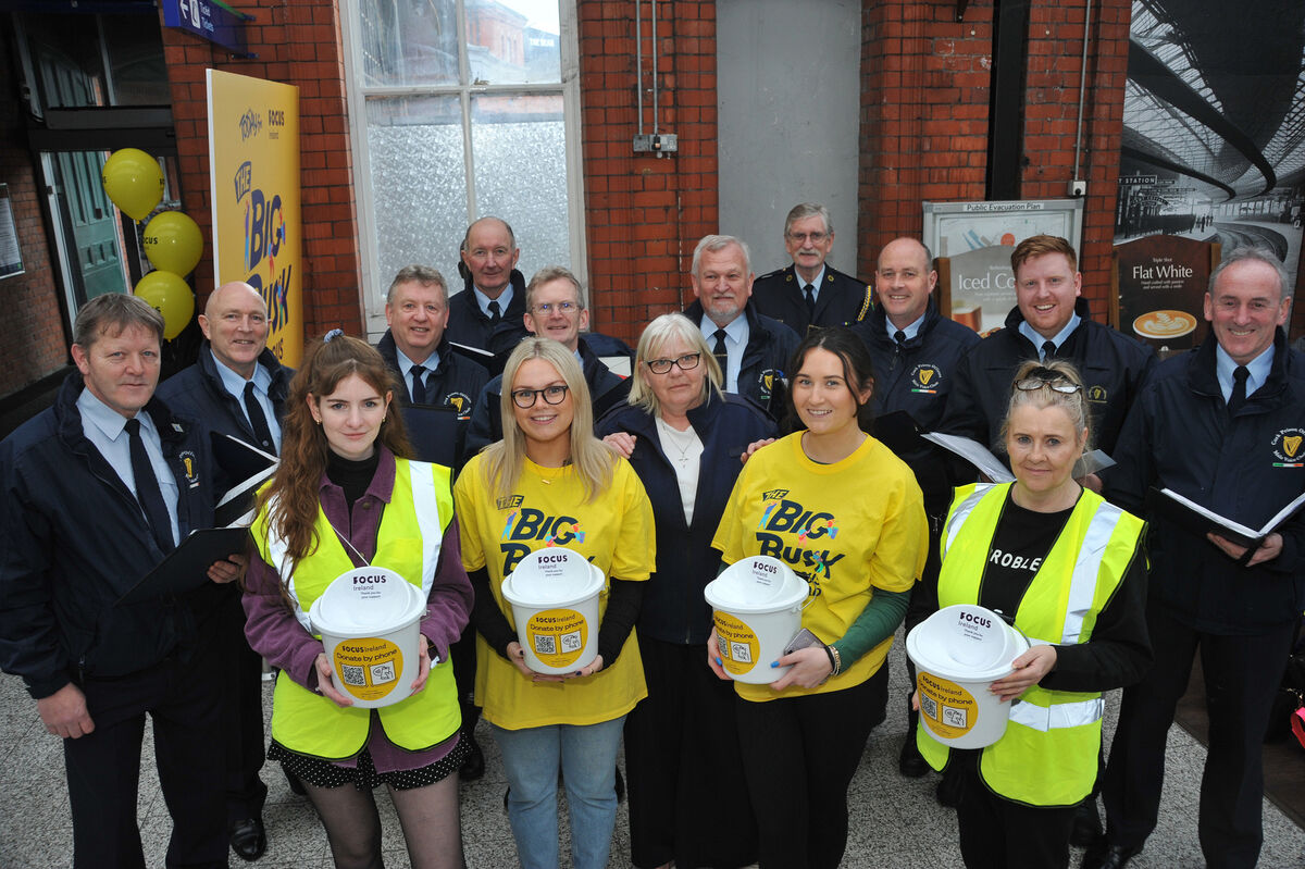 Members of Cork Prison Officer's Male Voice Choir performed as part of the BIG BUSK at Cork Kent Station, in aid of Focus Ireland on Friday 11th March 2022 pictured with their musical director Jackie O'Connell and bucket collectors Alanna Lawlor, Sophie O'Connor, Ava O'Dywer and Jackie Bryant of Focus Ireland. Members of Cork Prison Officer's Male Voice Choir performed as part of the BIG BUSK at Cork Kent Station, in aid of Focus Ireland on Friday 11th March 2022 pictured with their musical director Jackie O'Connell and bucket collectors Alanna Lawlor, Sophie O'Connor, Ava O'Dywer and Jackie Bryant of Focus Ireland.