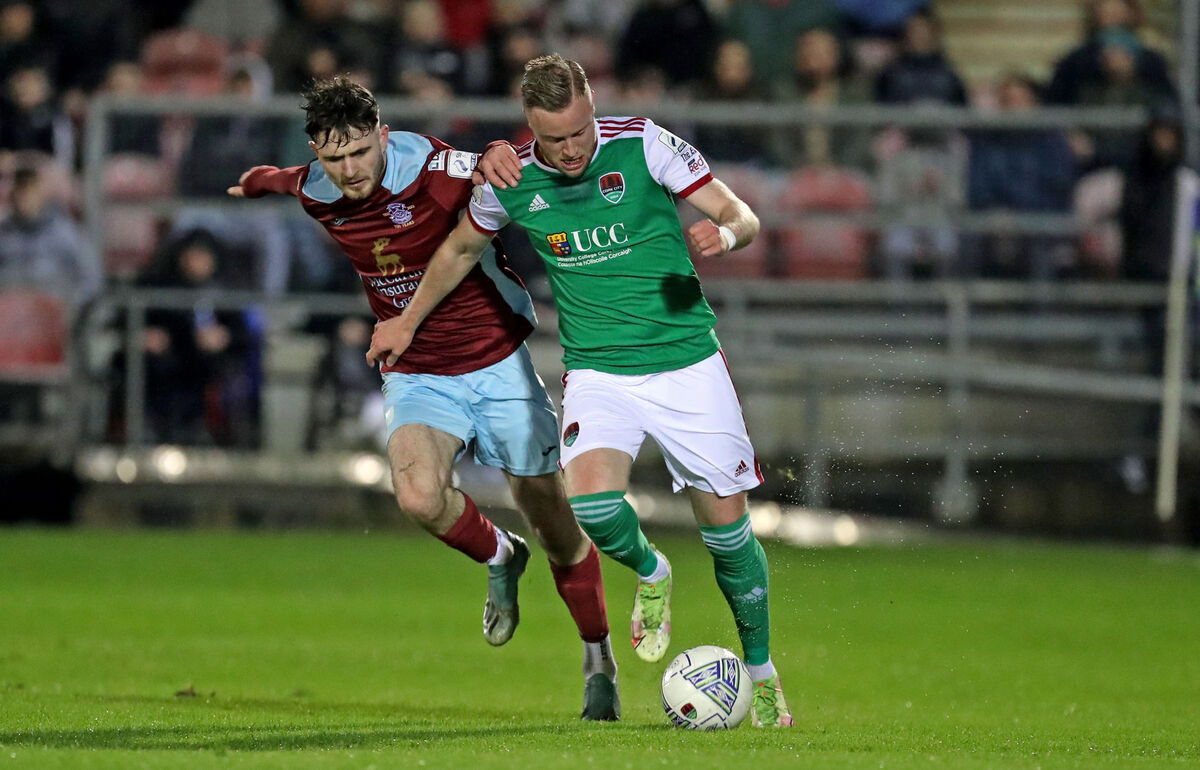  Kevin O'Connor, Cork City FC, takes on Dale Holland, Cobh Ramblers. Picture: Jim Coughlan.