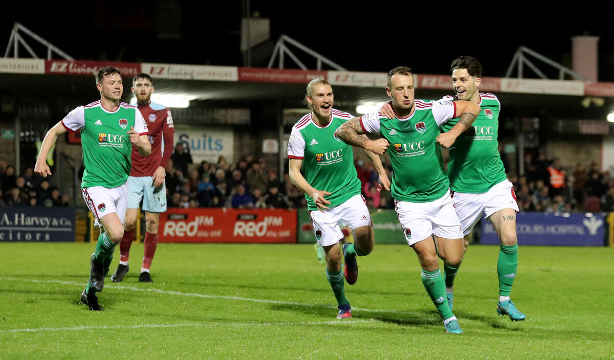  Ally Gilchrist celebrates his goal, chased by Cian Murphy, Jonas Hakkinen and Ruairi Keating. Picture: Jim Coughlan.