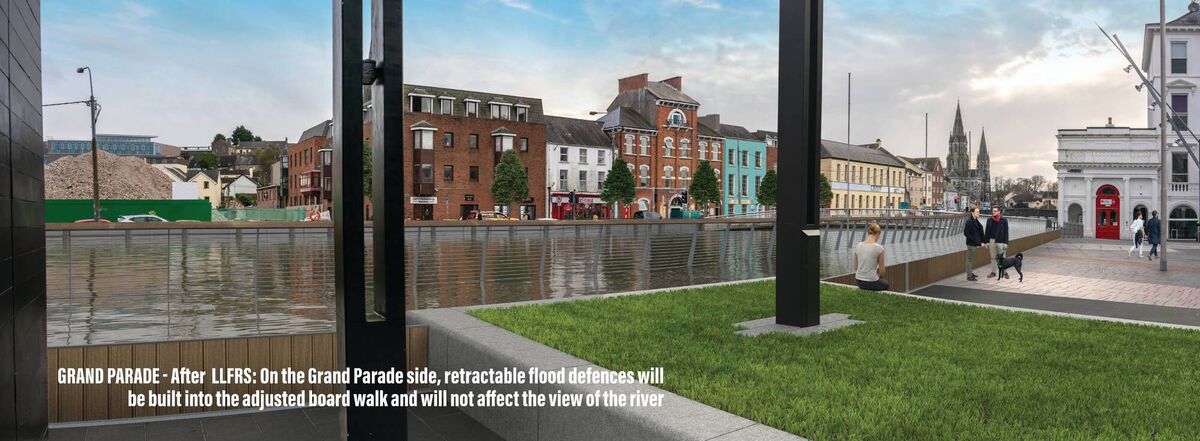 Grand Parade - After LLFRS: On the Grand Parade side, retractable flood defences will be built into the adjusted board walk and will not affect the view of the river