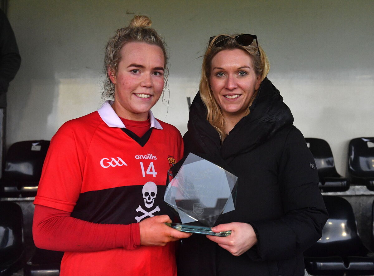 UCC's Katie Quirke receives the Player of the Match from Deirdre Lowry after the Yoplait LGFA O'Connor Cup final. Picture: Eóin Noonan/Sportsfile