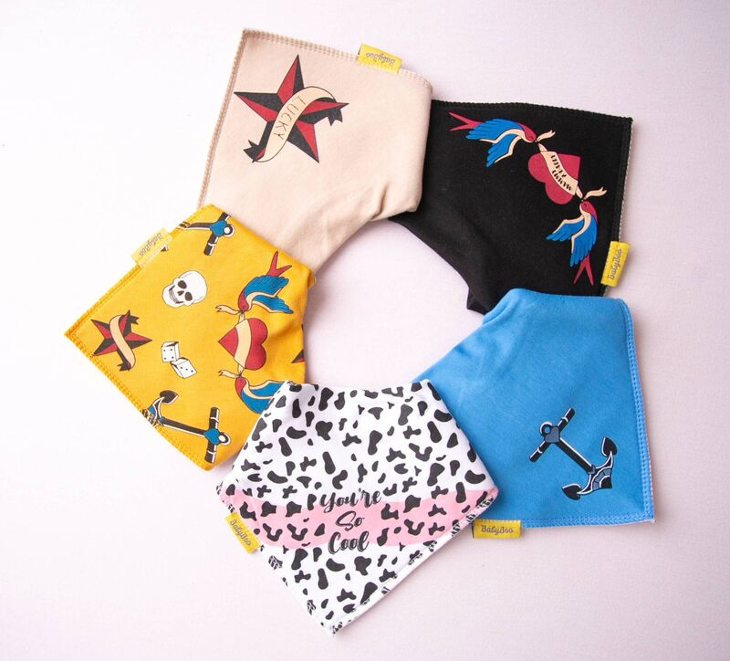 The five bibs which were designed by Gina and Karol Daly in aid of the Babyboo.ie drive for the Down Syndrome Centre.