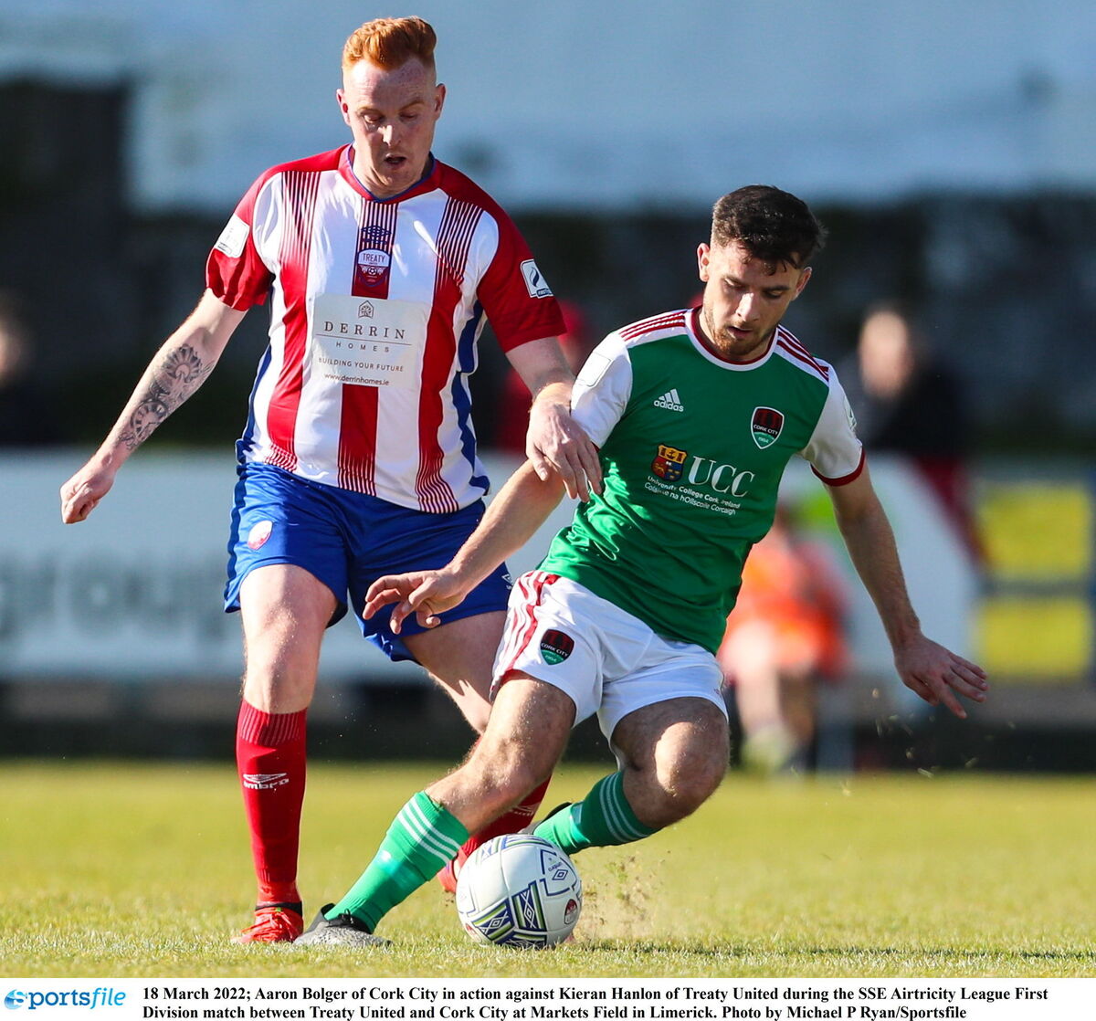 Aaron Bolger of Cork City in action against Kieran Hanlon of Treaty United. Picture: Michael P Ryan/Sportsfile