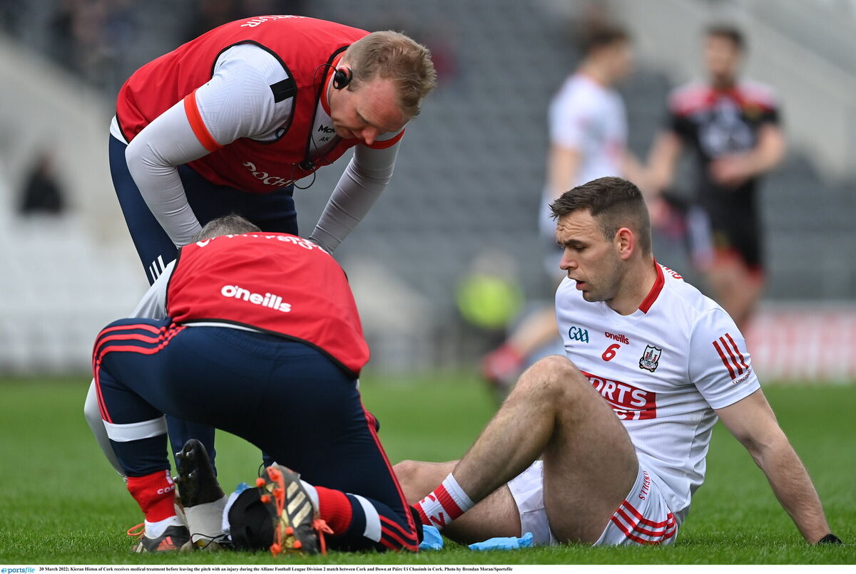 Kieran Histon of Cork receives medical treatment before leaving the pitch with an injury. Picture: Brendan Moran/Sportsfile