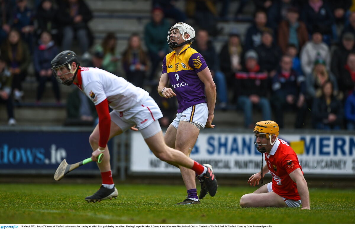 Rory O'Connor of Wexford celebrates after scoring his side's goal against Cork. Picture: Daire Brennan/Sportsfile