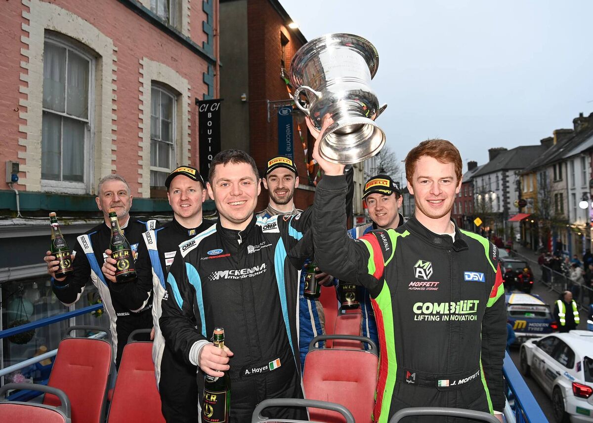 Monaghan’s Josh Moffett (right) and his Wexford co-driver Andy Hayes with the TP Houlihan Trophy following their victory in the Clonakilty Park Hotel West Cork Rally in Clonakilty. Alos included: co-driver Gordon Noble and Alastair Fisher, who were third and Meirion Evans and Jonathan Jackson, who finished second. Picture: Martin Walsh. 