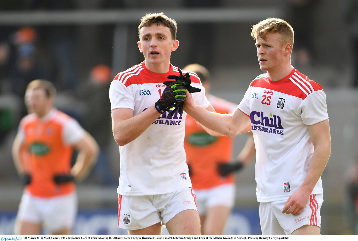 Mark Collins and Damien Gore after Cork's Allianz FL Division 2 win over Armagh in 2019. Picture: Ramsey Cardy/Sportsfile