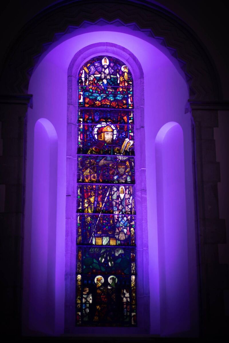 Declán of Ardmore, as depicted by Harry Clarke on one of the Honan Chapel’s famous stained-glass windows. Picture: Stephen Bean/UCC Declán of Ardmore, as depicted by Harry Clarke on one of the Honan Chapel’s famous stained-glass windows. Picture: Stephen Bean/UCC