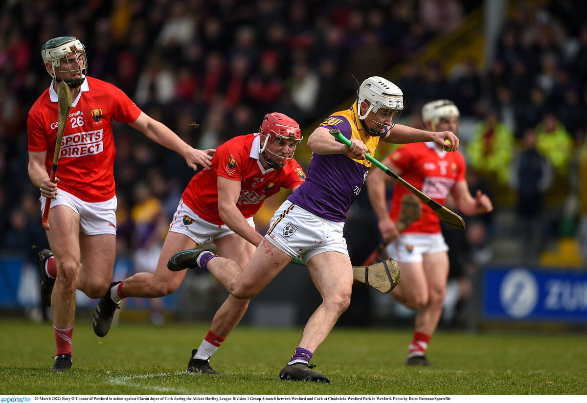 Cork's Ciarán Joyce chases Rory O'Connor of Wexford in Sunday's Allianz HL Division 1 Group A game at Chadwicks Wexford Park. Picture: Daire Brennan/Sportsfile