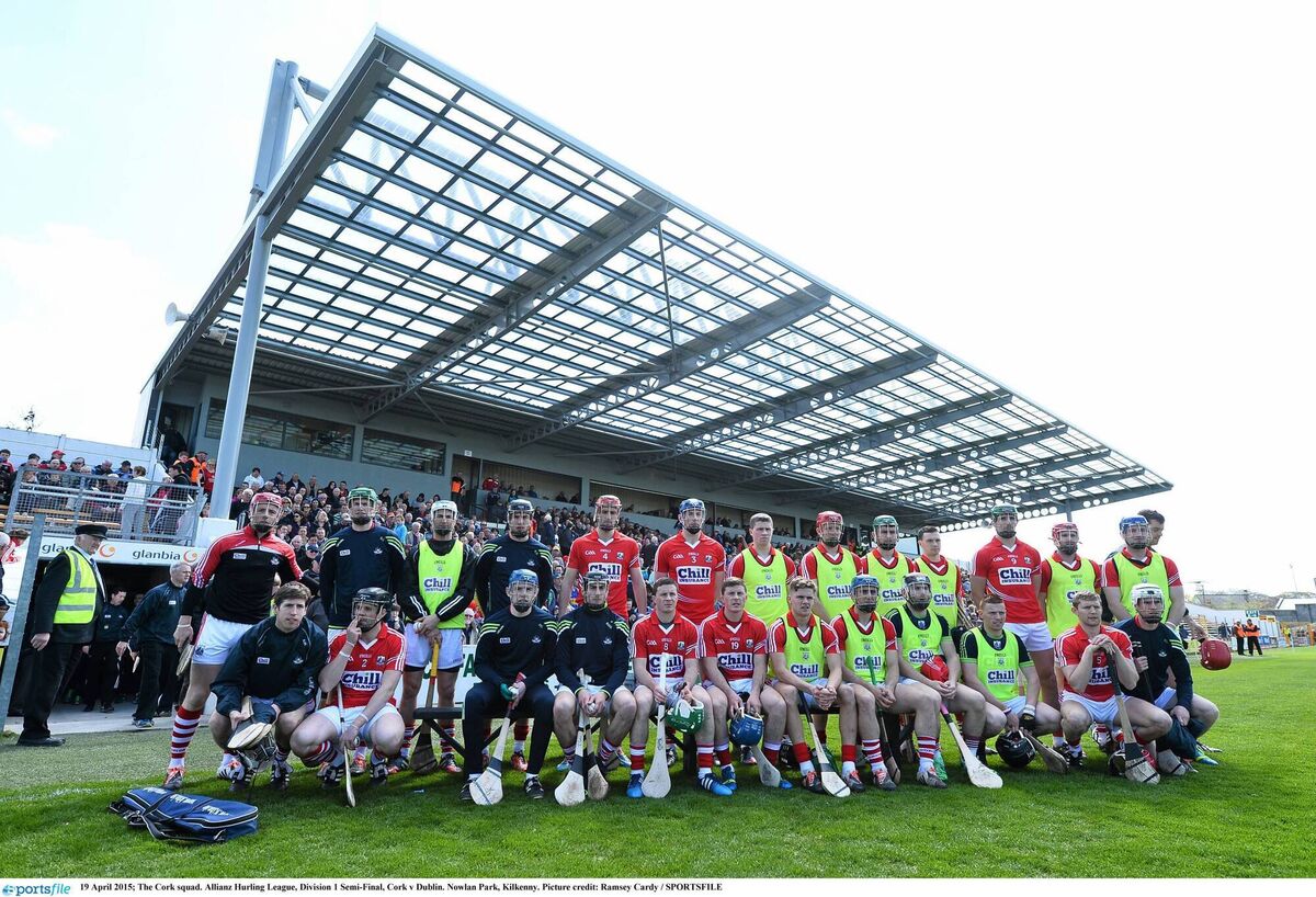 The Cork squad before the 2015 Allianz Hurling League semi-final against Dublin at Nowlan Park. Picture: Ramsey Cardy/SPORTSFILE