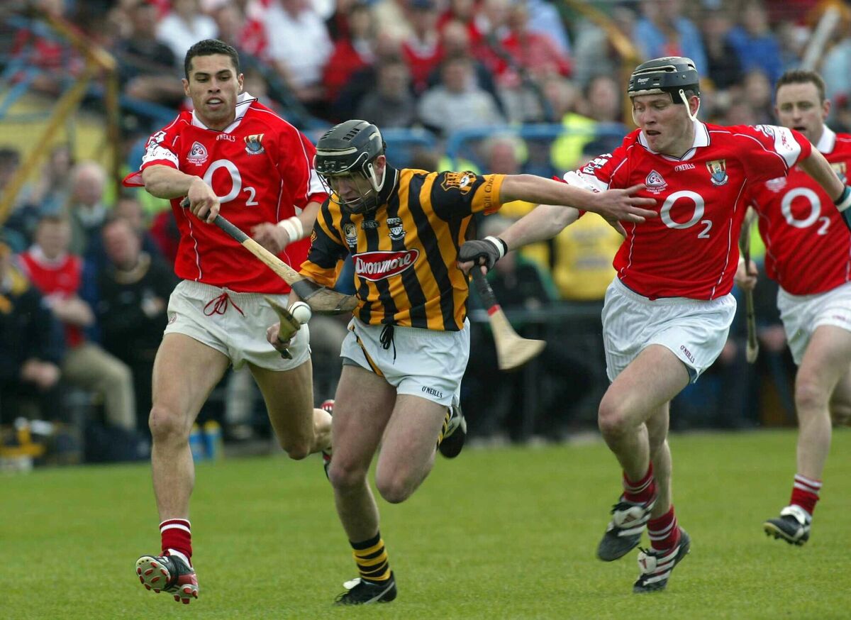 Kilkenny's Eddie Brennan tries to evade Cork's Seán Óg Ó hAilpín and John Browne in the 2002 Allianz Hurling League final in Semple Stadium. Picture: Inpho/Lorraine O'Sullivan