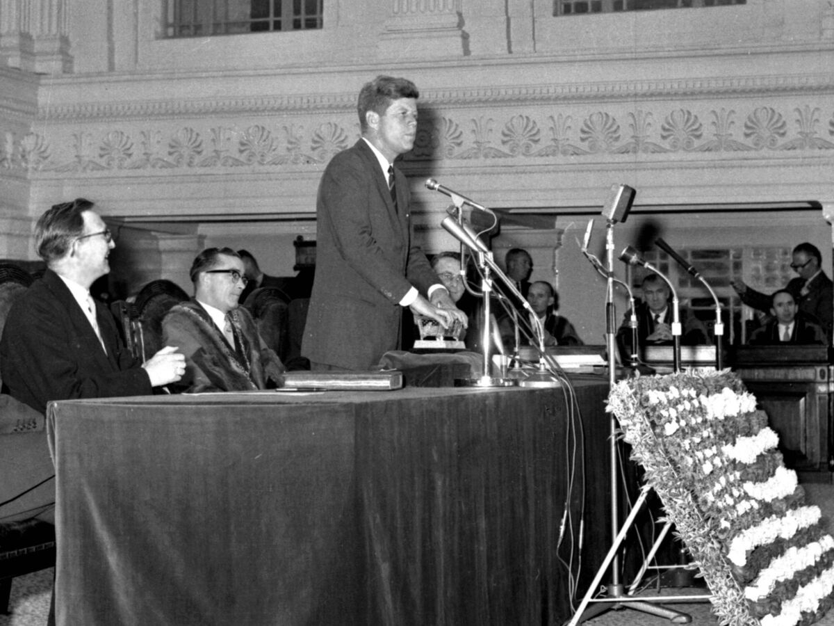 American President John F. Kennedy speaking at Cork City Hall during his visit to the city in 1963. American President John F. Kennedy speaking at Cork City Hall during his visit to the city in 1963.
