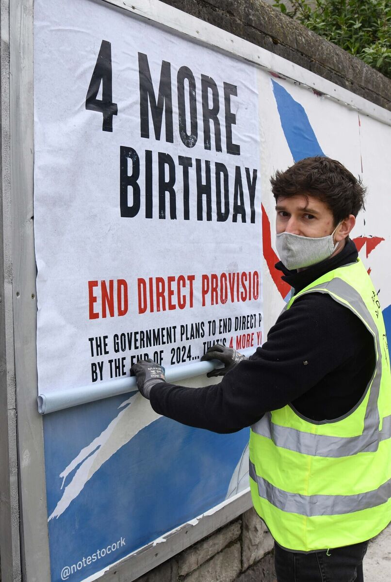 Al Dalton of Notes To Cork creative design agency assisted students from Cork Educate Together Secondary School at the installation of their billboard at Lower Glanmire Road, Cork, saying that four more years of Direct Provision is too many. Picture: Denis Minihane.