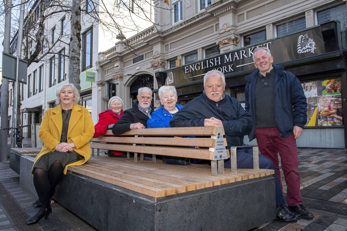 On Monday, Ann Doherty, Chief Executive of Cork City Council accompanied by the Cork Age Friendly City older persons representatives; Nora O'Donovan, Phil Ní Mhurchú, Noel Dempsey and Finbarr Coughlan, as well as John Mullins, Executive Chairman of Amarenco and Age Friendly ambassador for Cork city, officially launched the age-friendly seating in the city centre. Pictured is Ann Doherty, Chief Executive of Cork City Council (left); Chris Dorgan, Cork City Council Cork Age Friendly City Programme with the age-friendly representatives. Picture: Brian Lougheed
