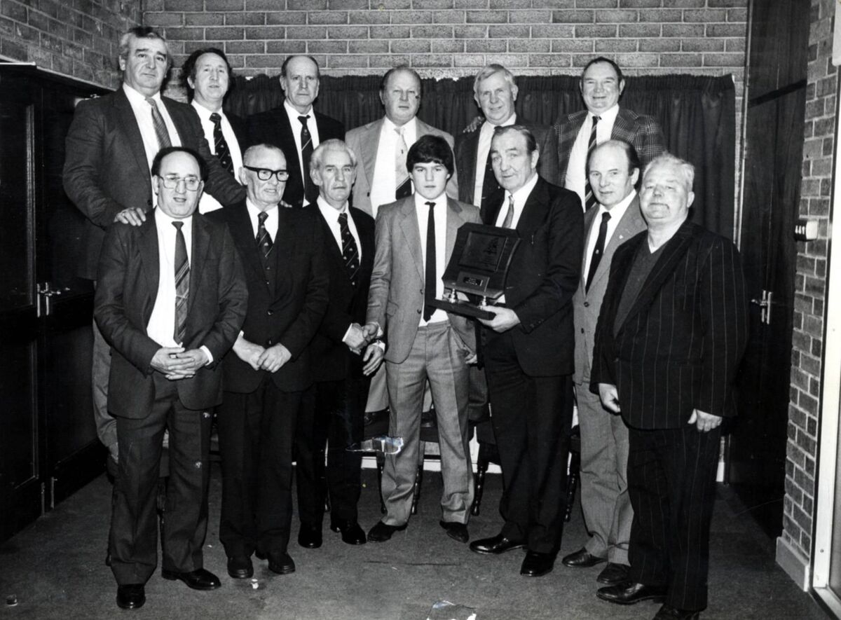 Paddy Martin, President of the Cork Ex Boxers Social & Benevolent Club, making a presentation to Kieran Joyce the first Cork boxer to win a medal at the European Champions. Front left to right: Tim O'Sullivan, John Fiddes, Tommy Hyde, Kieran Joyce, Paddy Martin, Denis Lyons, Danzer Nagle. Back: Eamer Coughlan, Charlie Cogan, Brian Joyce, Jimmy Fitzgerald, Albie Murphy, Mossy O'Callaghan. Paddy Martin, President of the Cork Ex Boxers Social & Benevolent Club, making a presentation to Kieran Joyce the first Cork boxer to win a medal at the European Champions. Front left to right: Tim O'Sullivan, John Fiddes, Tommy Hyde, Kieran Joyce, Paddy Martin, Denis Lyons, Danzer Nagle. Back: Eamer Coughlan, Charlie Cogan, Brian Joyce, Jimmy Fitzgerald, Albie Murphy, Mossy O'Callaghan.