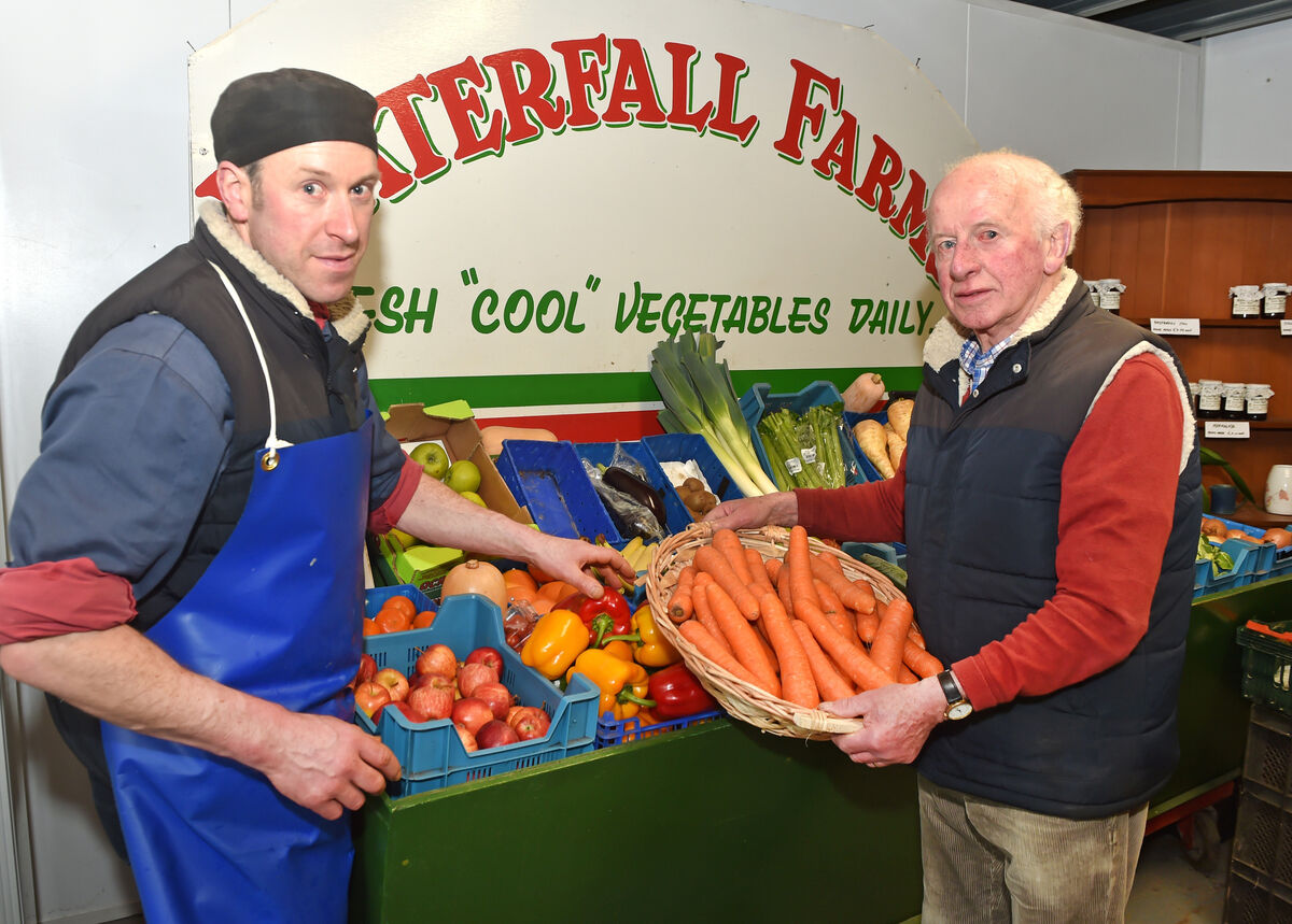 Nigel and Declan Martin with a selection of the vegetables available at Waterfall Farms. Picture; Eddie O'Hare Nigel and Declan Martin with a selection of the vegetables available at Waterfall Farms. Picture; Eddie O'Hare