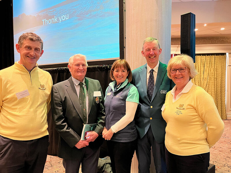 Golf Ireland President-Elect Jim Long with Monkstown members Anthony O'Sullivan, John O'Reilly, Mary Bergin and Sieglinde Murphy. Golf Ireland President-Elect Jim Long with Monkstown members Anthony O'Sullivan, John O'Reilly, Mary Bergin and Sieglinde Murphy.