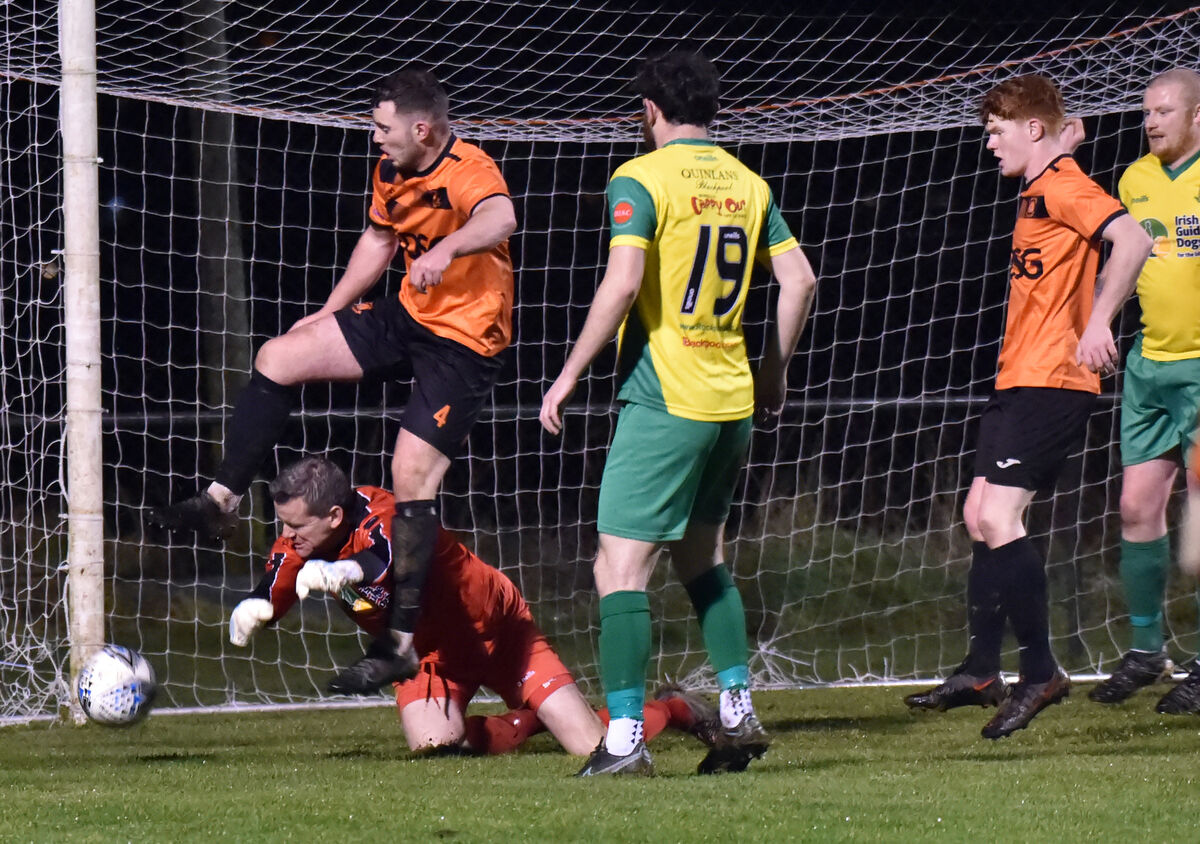 Rockmount's goalkeeper Brendan O'Connell saves from Cobh Wanderers' George Keating during the Munster Senior Cup at Rockmount park. Picture: Eddie O'Hare