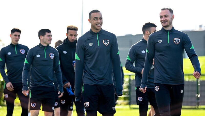 Adam Idah and Will Keane, right, during a Republic of Ireland training session at the FAI National Training Centre in Abbotstown, Dublin. Photo by Stephen McCarthy/Sportsfile