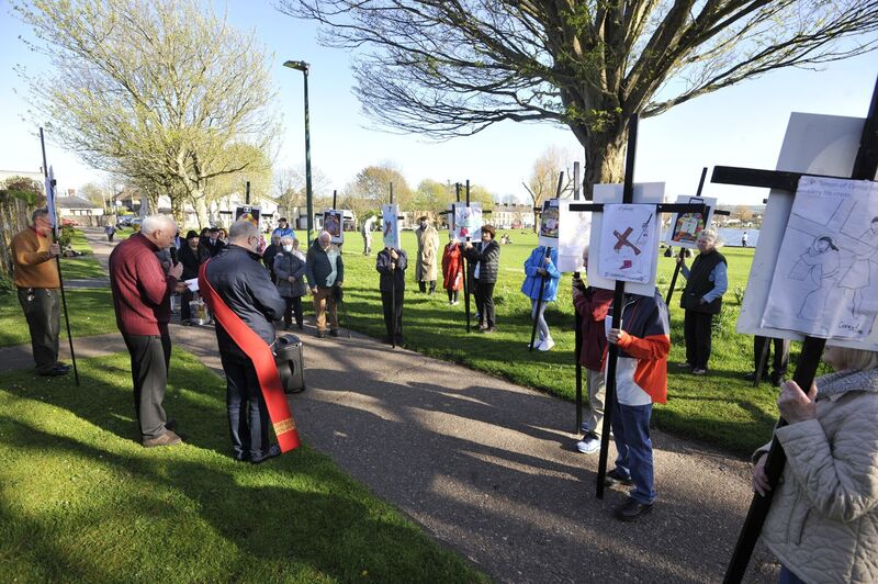 Parishioners follow the Stations of the Cross led by Fr. John Paul Hegarty on Good Friday for the first time in two years at the Lough, Cork City. Pic: Gavin Browne