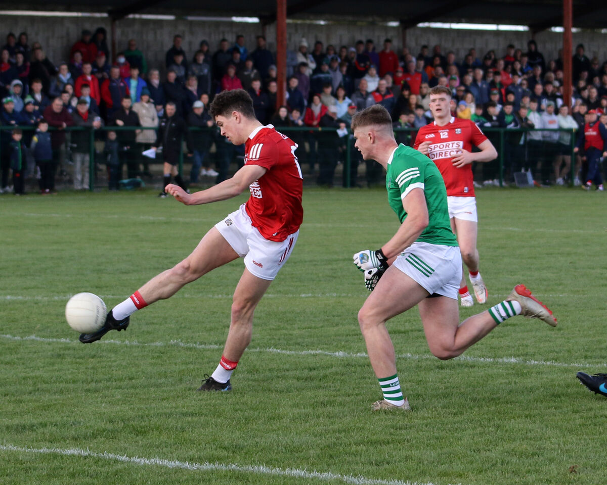 Darragh O'Mahony, Cork, trying for a goal against Limerick in the Munster U20 Football Championship Semi Final 2022