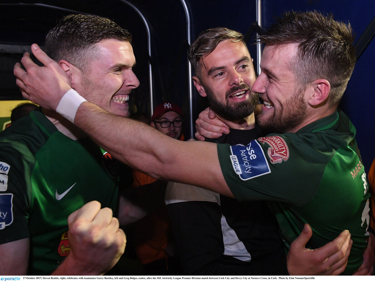 Steven Beattie, right, celebrates with teammates Garry Buckley, left and Greg Bolger, centre, after the SSE Airtricity League Premier Division match between Cork City and Derry City at Turners Cross, in Cork. Photo by Eóin Noonan/Sportsfile